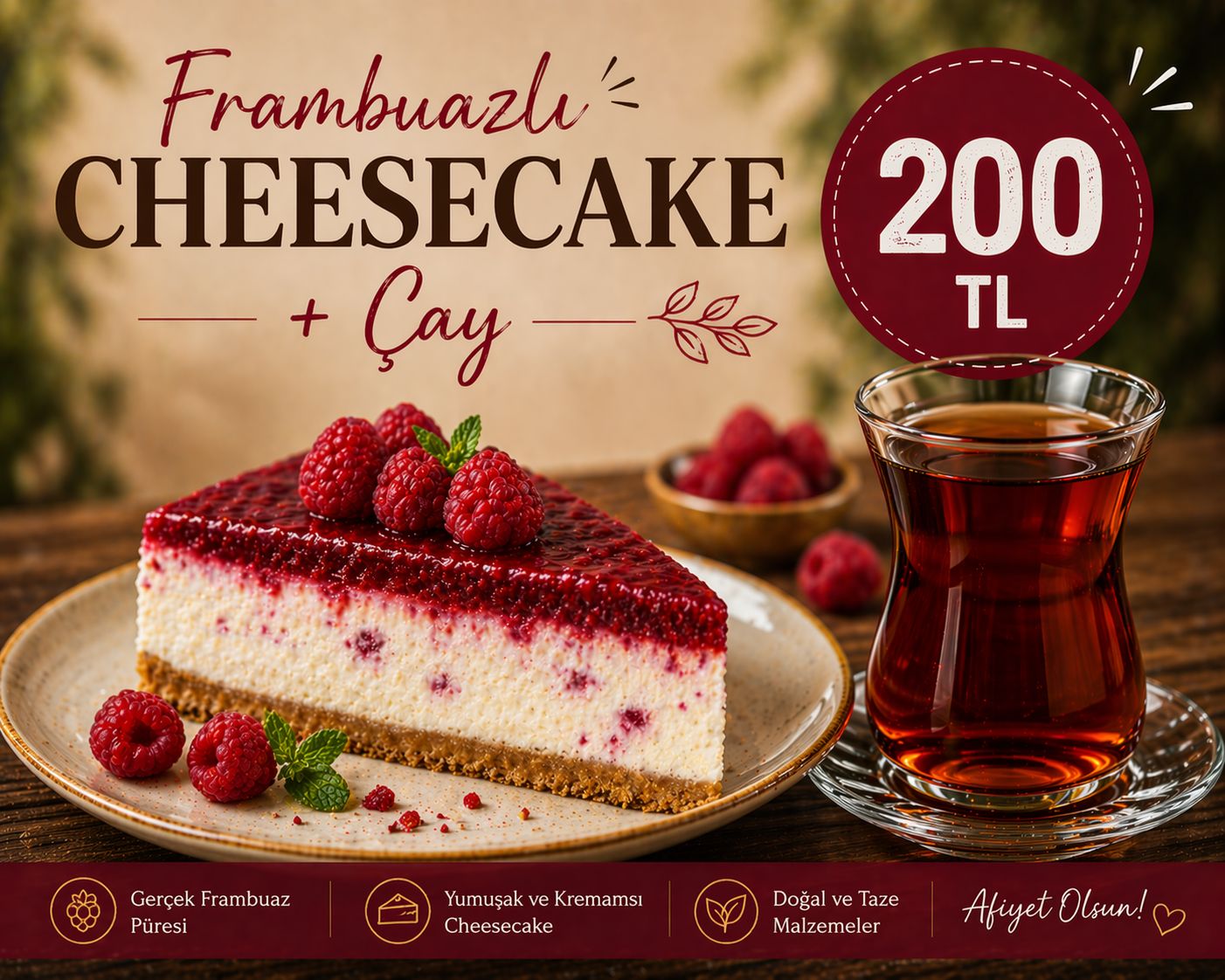Frambuazlı Cheesecake +Çay